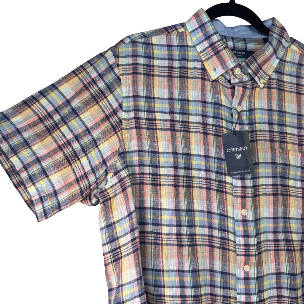 Cremeux Classics XL Mens Plaid Button-Down Shirt 100% Linen Short Sleeve - Picture 2 of 8